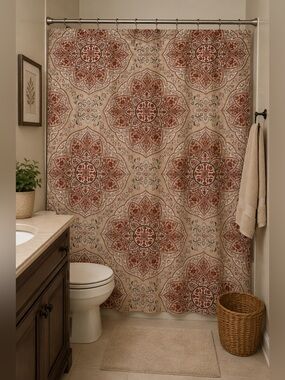 Boho Medallion Floral Shower Curtain 100% Cotton Red Beige Suzani